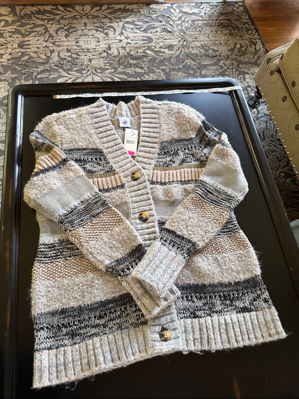 Cabi boyfriend Striped Knit Button-Front Women's Cardigan Sweater - Cream & Gray - Picture 1 of 3